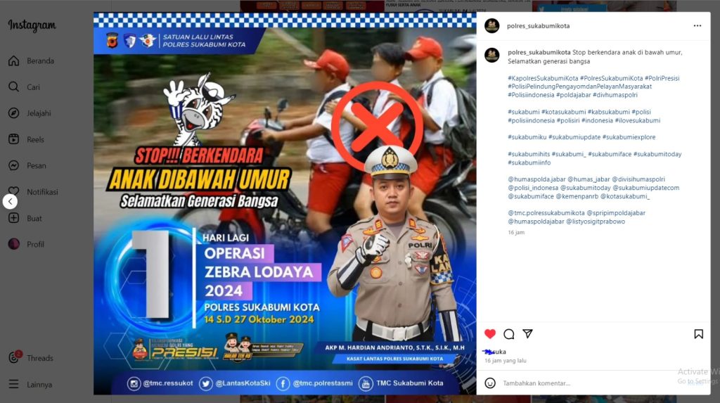 Tingkatkan Kesadaran Berlalu Lintas, Polres Sukabumi Kota Publikasikan Himbauan di Medsos