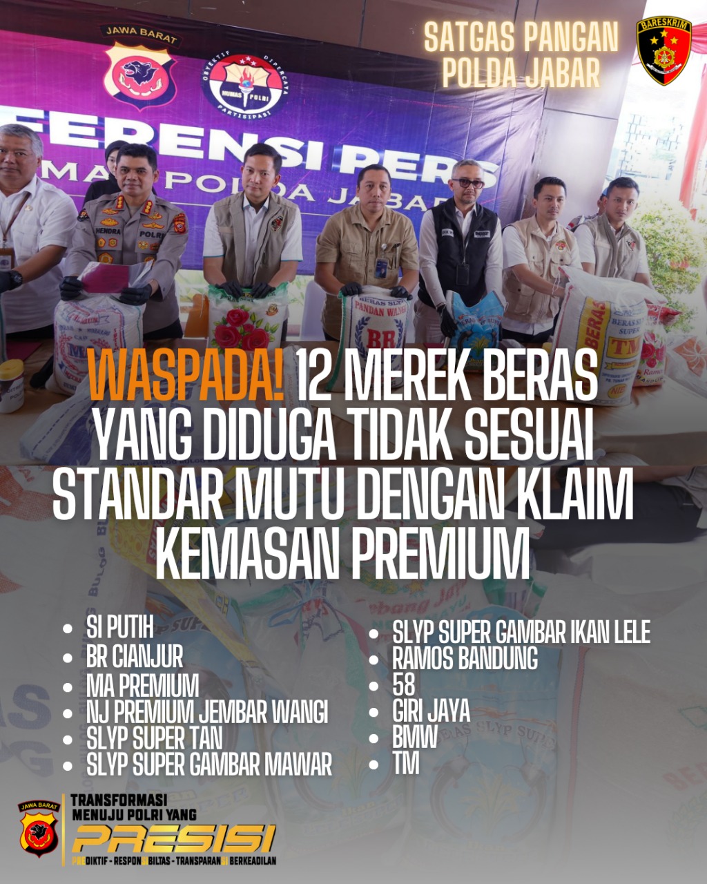 Polda Jabar Ungkap Kecurangan Produksi dan Peredaran Beras Tidak Sesuai Standar Mutu, Enam Tersangka Diamankan