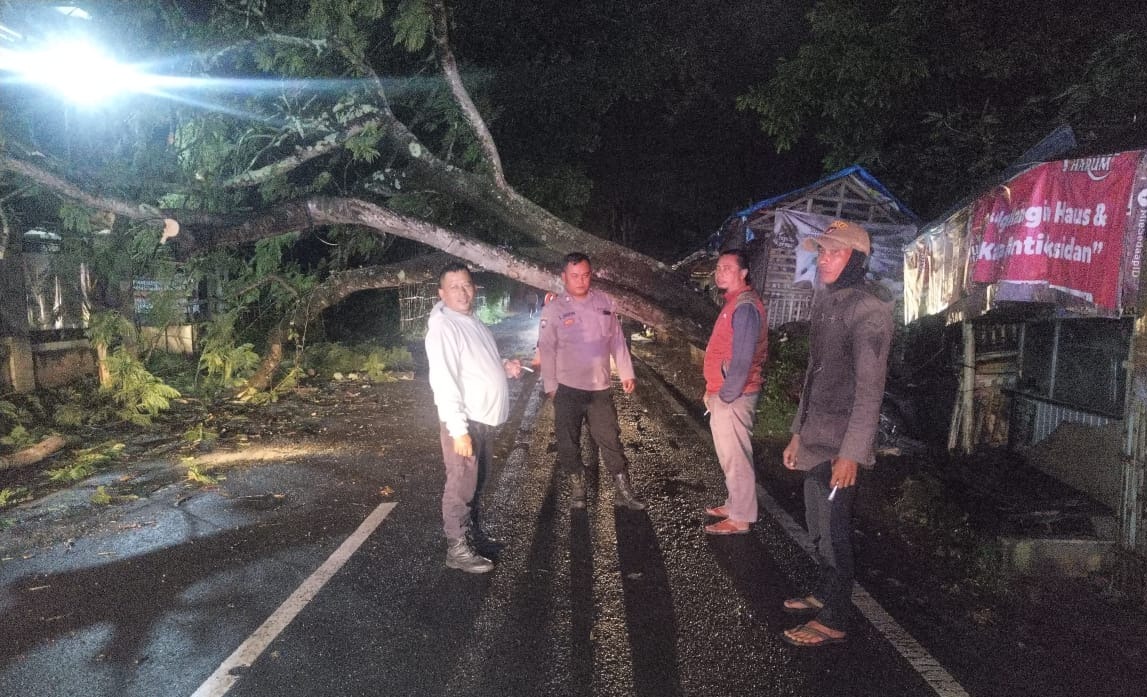 Polsek Banyuresmi Evakuasi Pohon Tumbang Yang Timpa Jalan Raya Depan Situ Bagendit