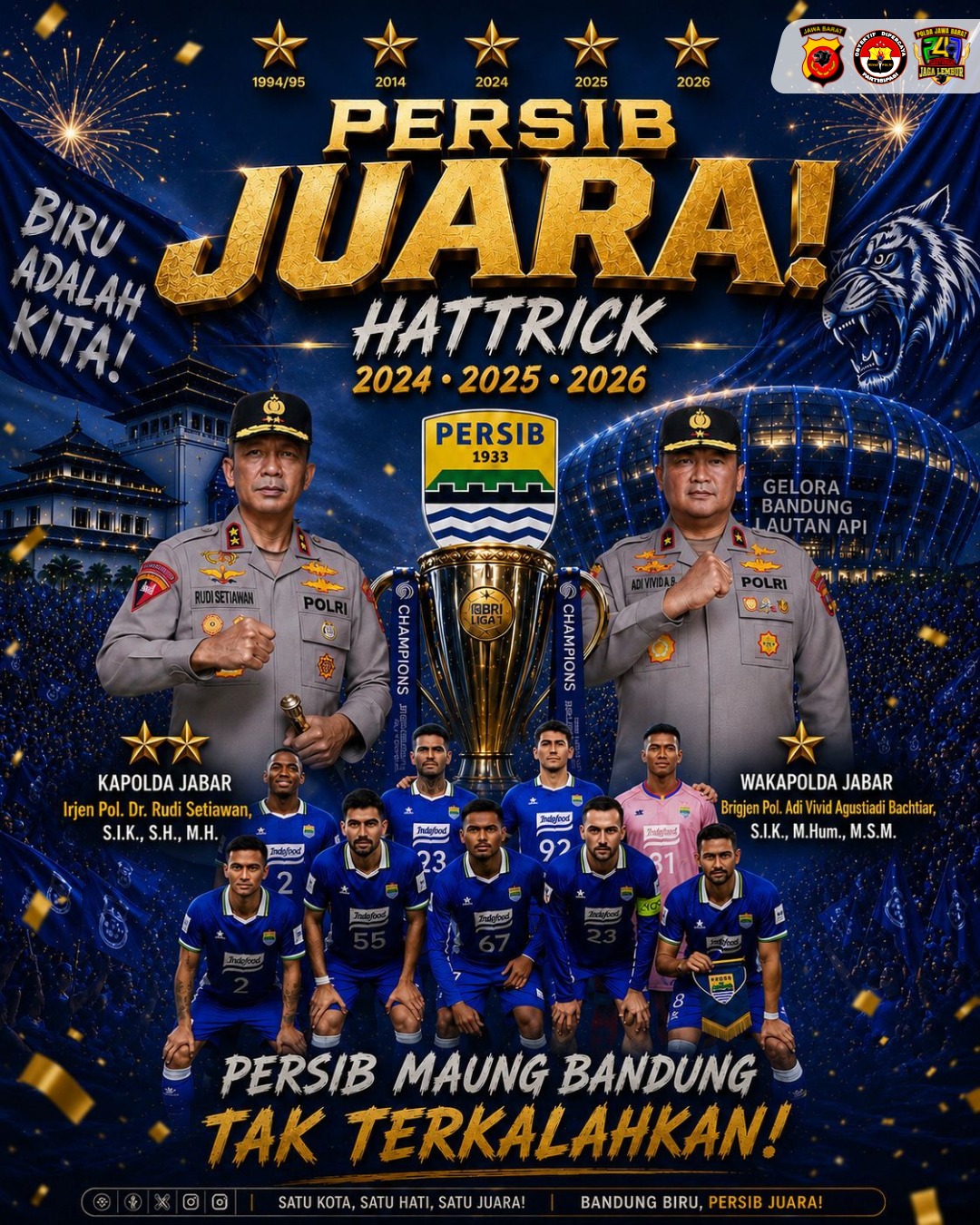Cetak Sejarah Hattrick Juara Liga 1, Kapolda dan Wakapolda Jabar Sampaikan Apresiasi dan Selamat kepada Persib Bandung