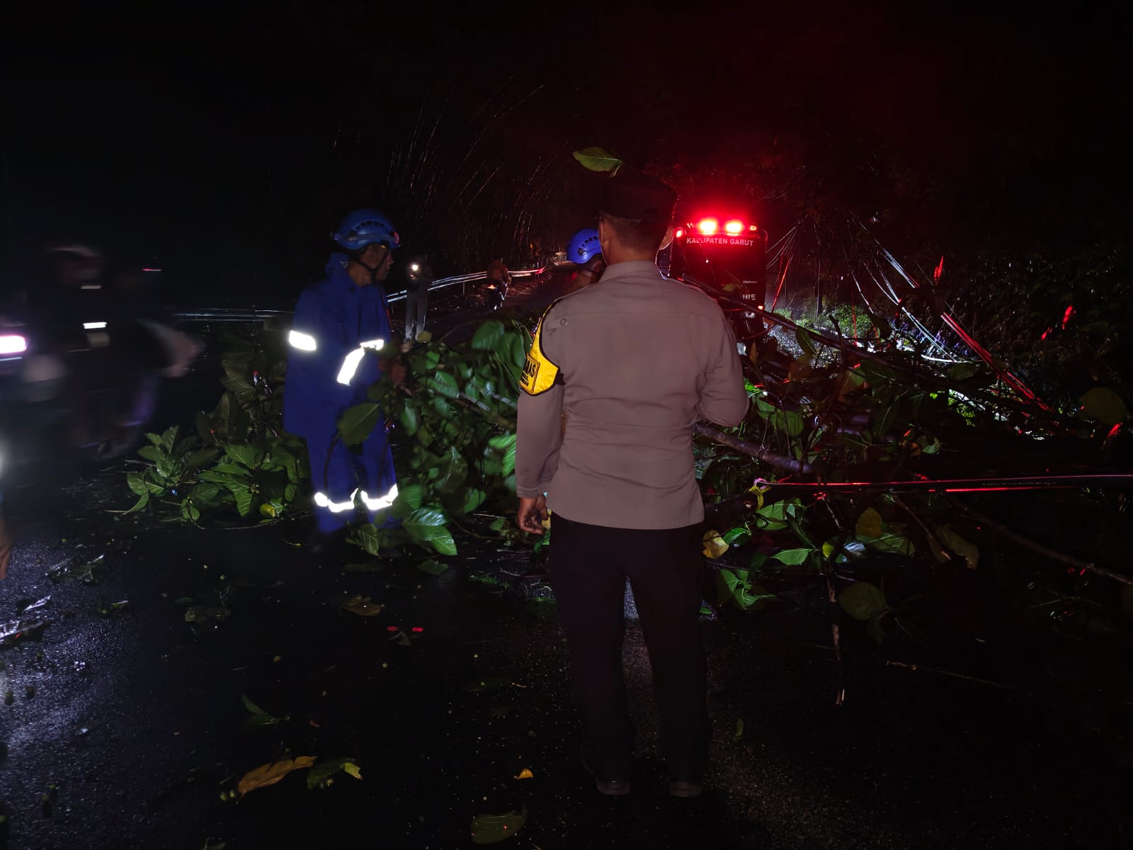 Respons Cepat Polsek Malangbong,Evakuasi Pohon Tumbang di Jalur Nasional Limbangan