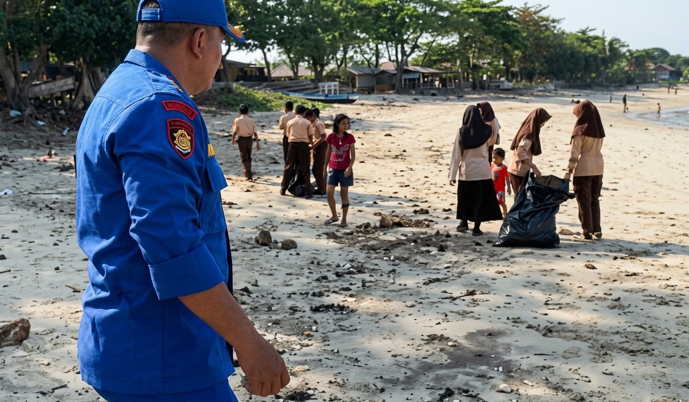 Satpolairud Polres Garut Ajak Pelajar Bersihkan Pantai Karangpapak, Tanamkan Kepedulian Lingkungan Sejak Dini